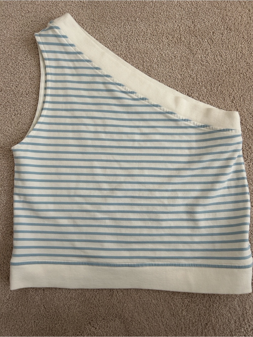Sunday Beckett Asymmetrical One-Shoulder Tank in Light Blue & White Stripes